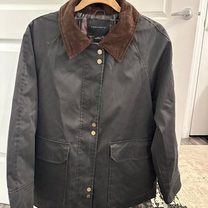 Sanctuary Waxed Dark Barn Jacket with Brown Collar, NWT